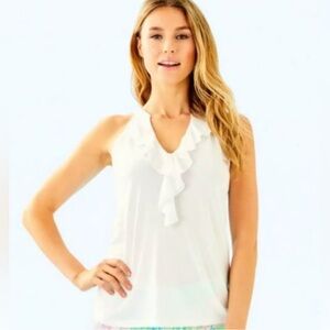 Lilly‎ Pulitzer Shay cotton Ruffled Neck Tank Top White Size small
